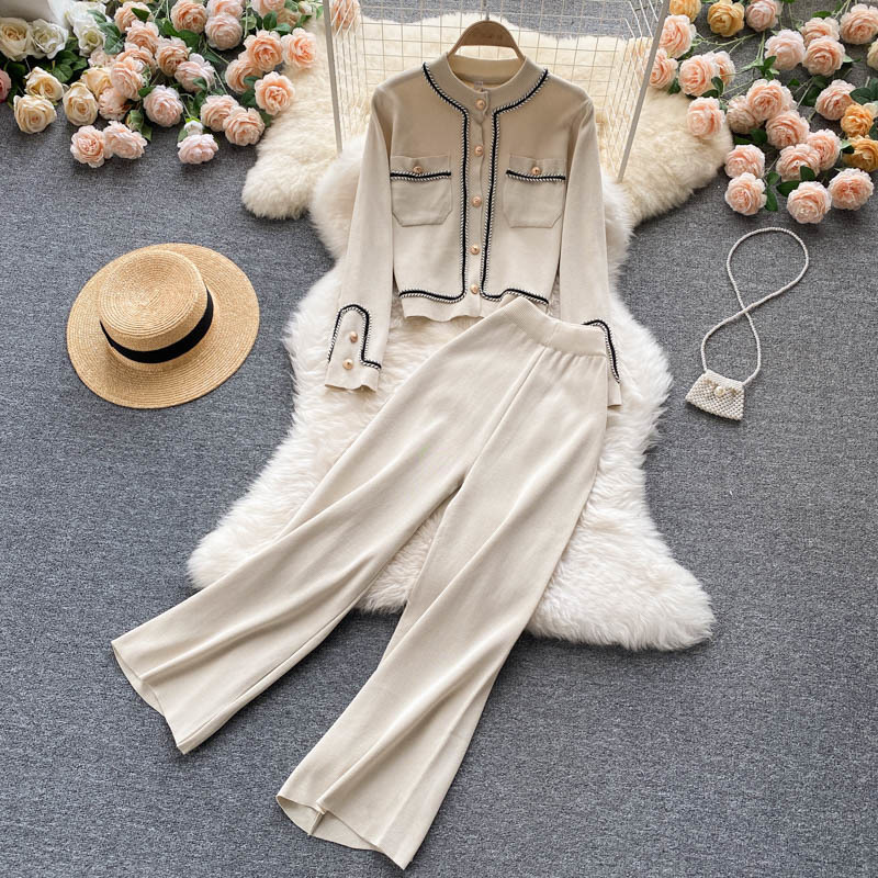

New Autumn Korean Fashion Casual Knit Two Piece Set Women Sweater Cardigan Crop Top Wide Leg Pant Suits Tracksuit 2 Piece Sets 2023, Same as picture