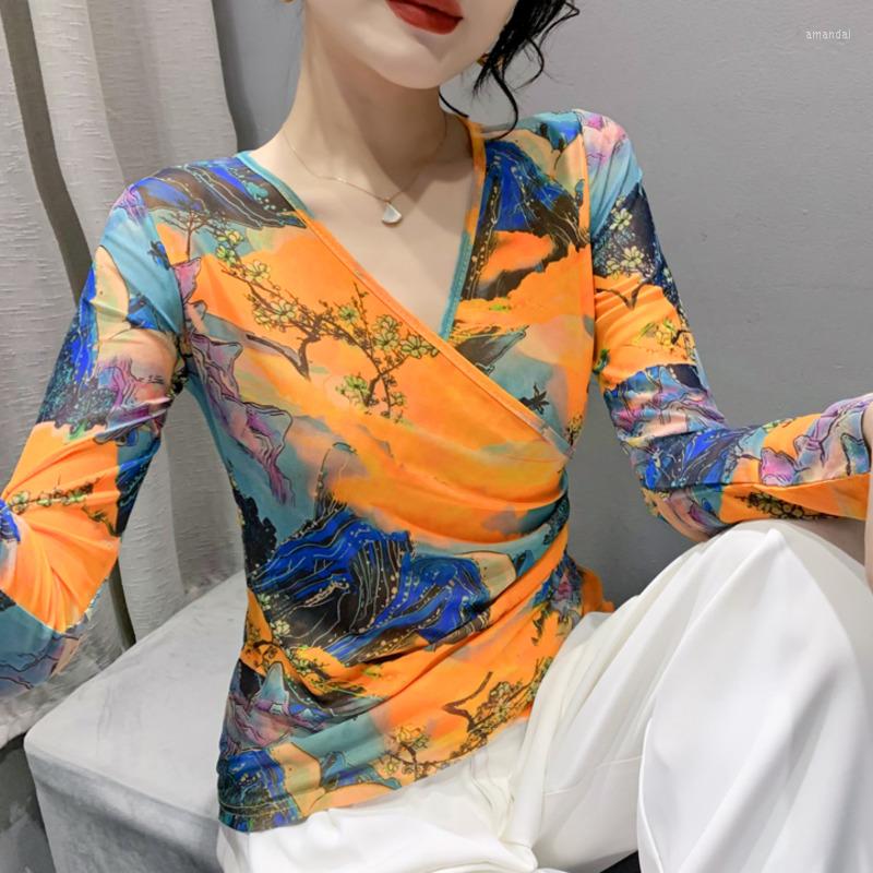 

Women' T Shirts #7968 Autumn Mesh Shirt Women 3D Printed Tshirt Female Long Sleeve Vintage Short Slim Thin Tight Wrap T-Shirt Ladies, Picture color