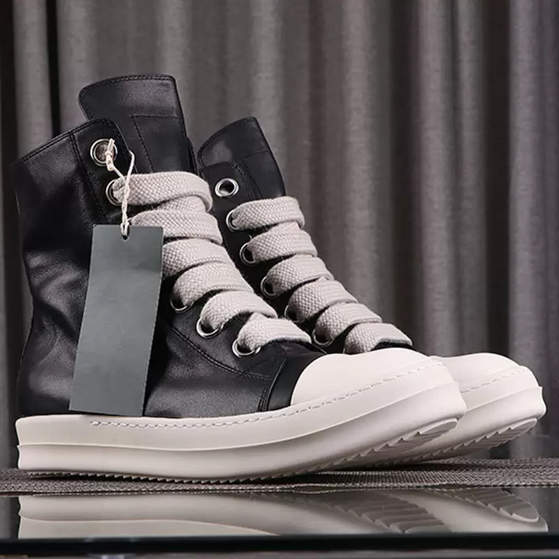 

2023High Street Rick Shoes Minimalist Style Top Quality Genuine Leather Sneakers Jumbo Shoeslace Men's Casual Shoes Owens Designer Women's Boots Fashion, Black