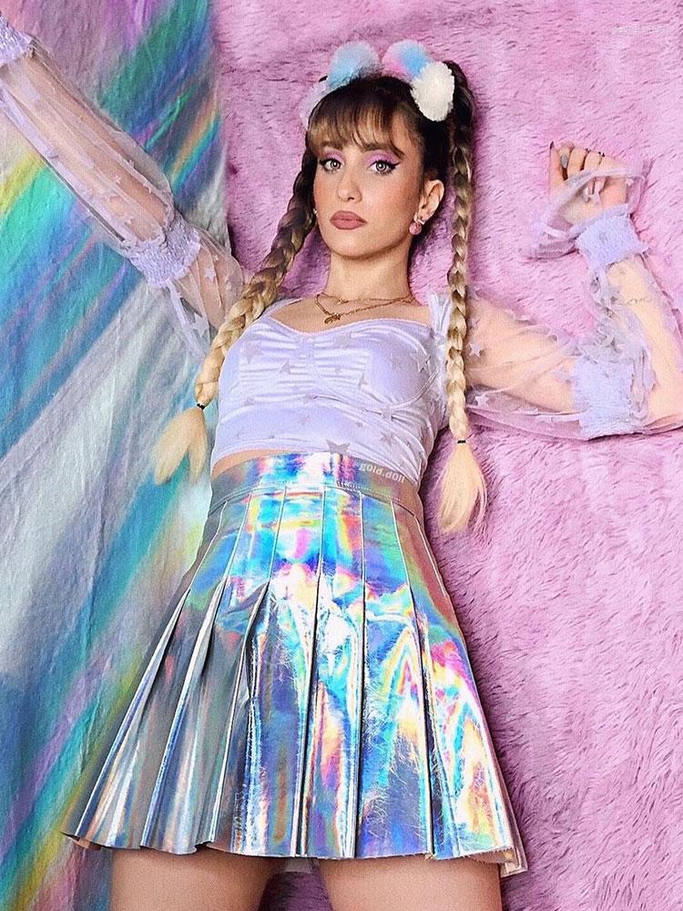 

Skirts Pleated Cute High Waist Holographic Laser MIni Outdoor Sexy Skorts Women's Summer Slit Dress 2023 Festival Outfits Rave, Sliver