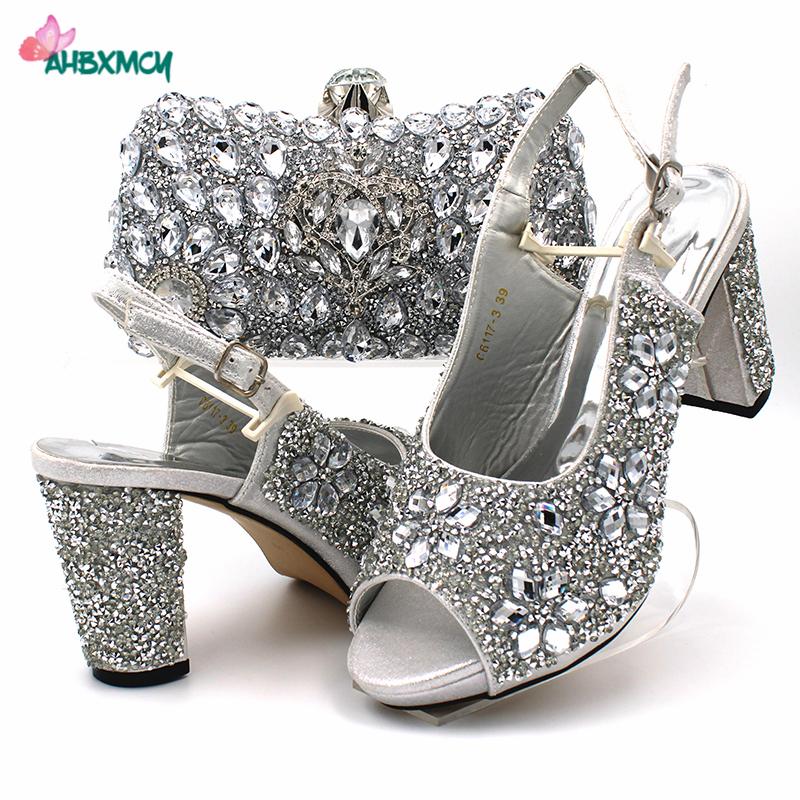 

Dress Shoes 2023 Pretty Women Matching Bag In Silver Color Slingbacks Sandals Nigerian And Set With Shinning Crystal, Sky blue
