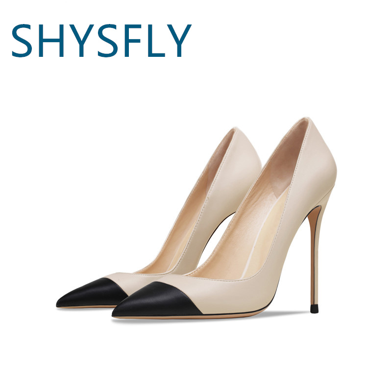 

SHYSFLY Genuine Leather Designer Shoes Patchwork Pointed Toes Elegant Stiletto Heel Office Women 39 Pump 2023 New, Gold 12cm