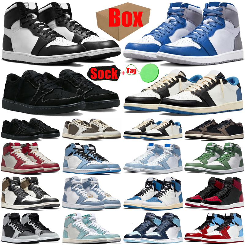 

With Box Black White 1 1s basketball shoes for mens womens Phantom Jumpman lows travis scotts Lost Found University Blue Reverse Mocha low trainers sneakers, #1 black phantom