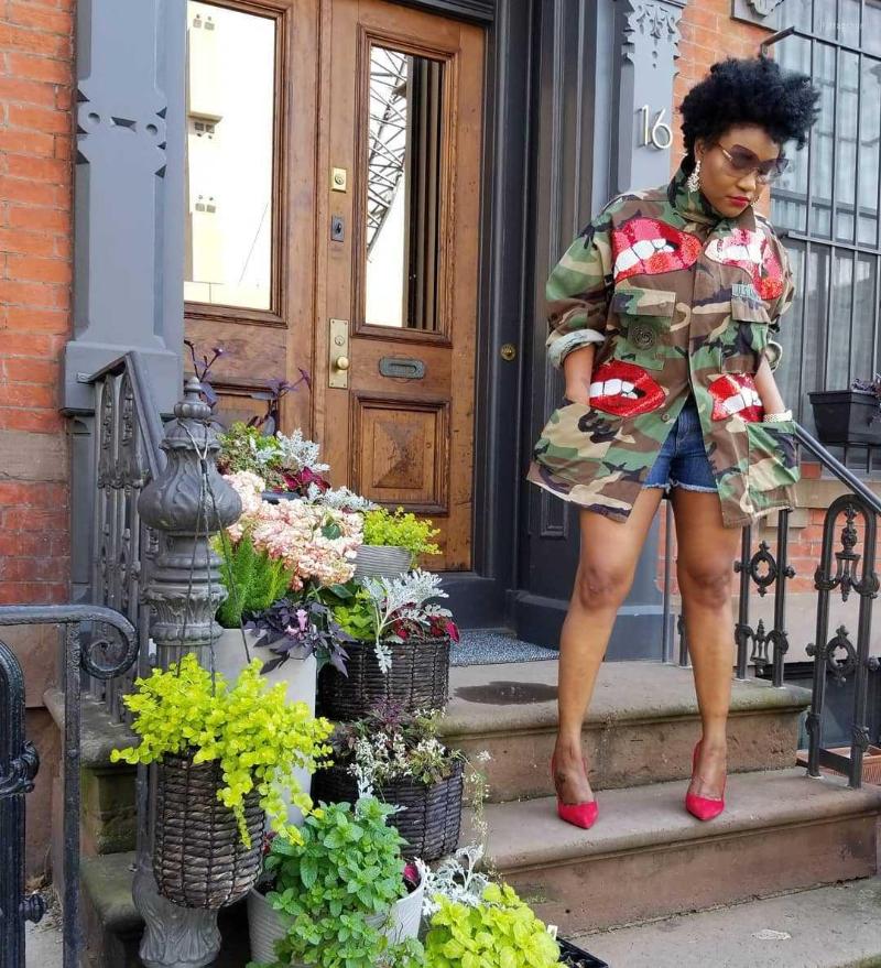 

Women' Trench Coats Winter Sequin Camouflage Button-up Pockets Military Slim Streetwear Casual Outerwear Long Sleeve Turn Down Collar