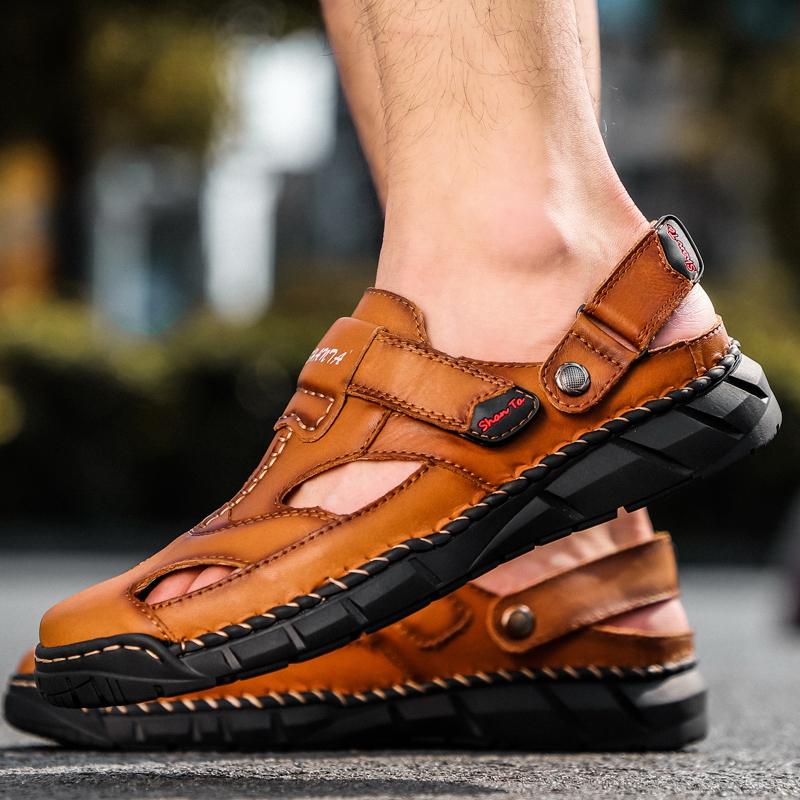 

Sandals Genuine Leather Men Breathable Summer Shoes Fashion Striped Design Casual Beach Trekking Big Size 48, Black