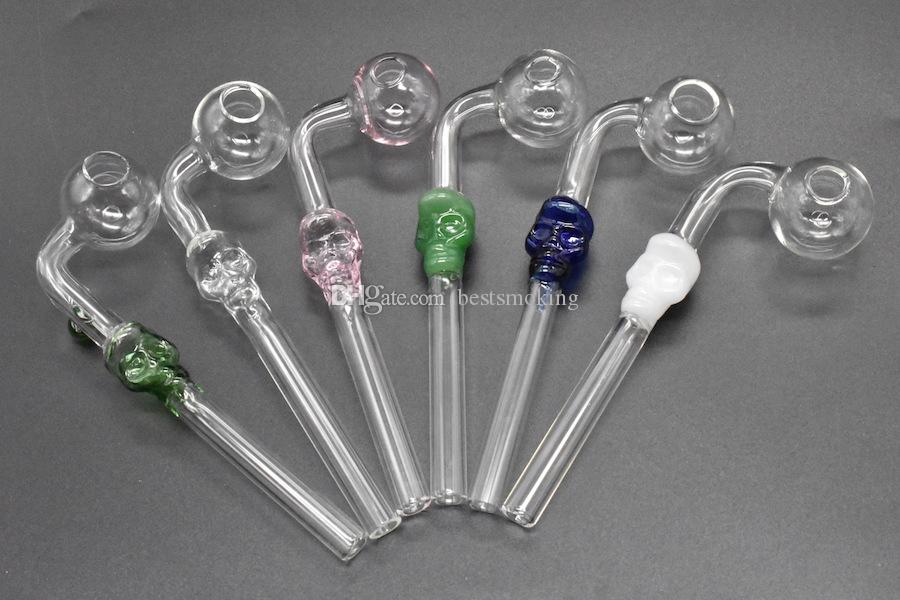 

Wholesale 14cm Handle Skull Smoking Pipe Colorful Glass oil burner Pipes Curved Mini Beautiful herb Pipe Cheap Smoking Accessories