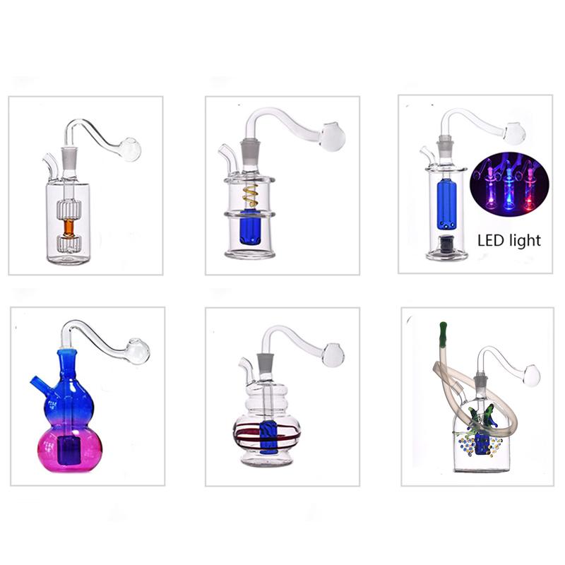 

15styles LED Glass Oil Burner Bong Water Pipes MiNi Oil Dab Rigs Swan recycler Smoking Hookahs with 10mm Male Oil Burner Pipe and Hose