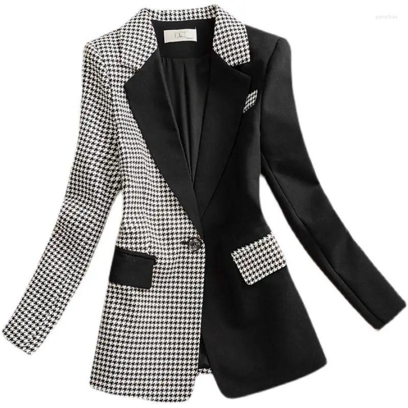 

Women's Suits 2023 Spring Autumn Black White Stitching Houndstooth Blazer Women's Single Button Casual Suit