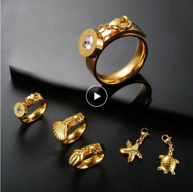 

Trend DIY Pendant Ring for Women Girl Starfish Sea Turtle Shell Scallop Roman Numeral Crystal Charm Ring Stainless Steel Jewelry
