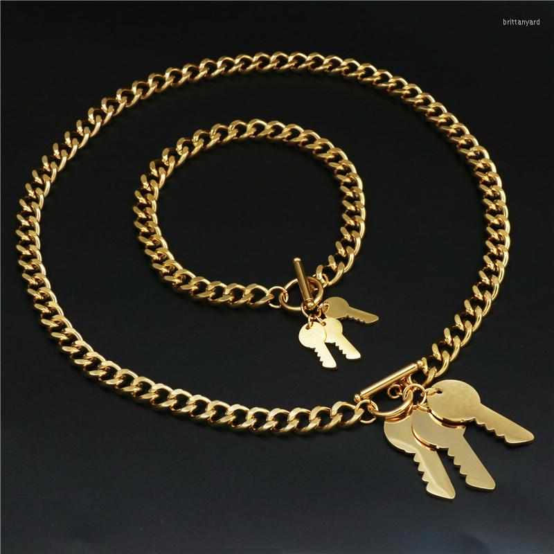 

Necklace Earrings Set Trendy Key Shape Gold Color Stainless Steel Pendants Bracelets For Women Big, Picture shown