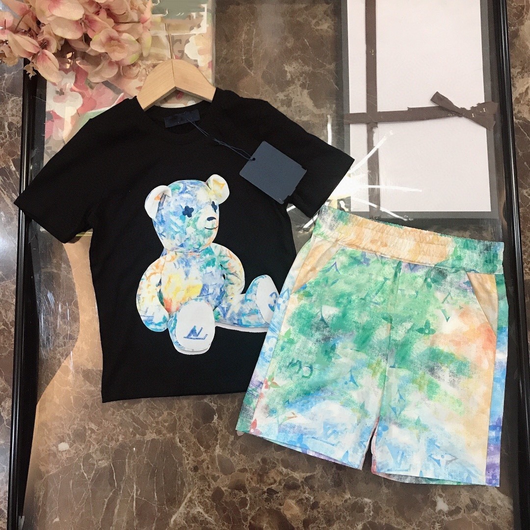 kid designer clother sets sports letter childrens kids set short sleeve T-shirt shorts set suit brand boys clothing cotton tees-image-764166256