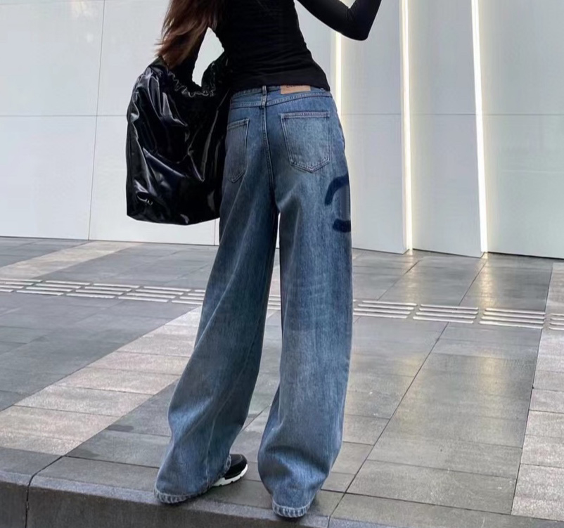 

Women' jeans high-waisted designer straight-through wide leg pants show thin women casual pants Size -L, Black