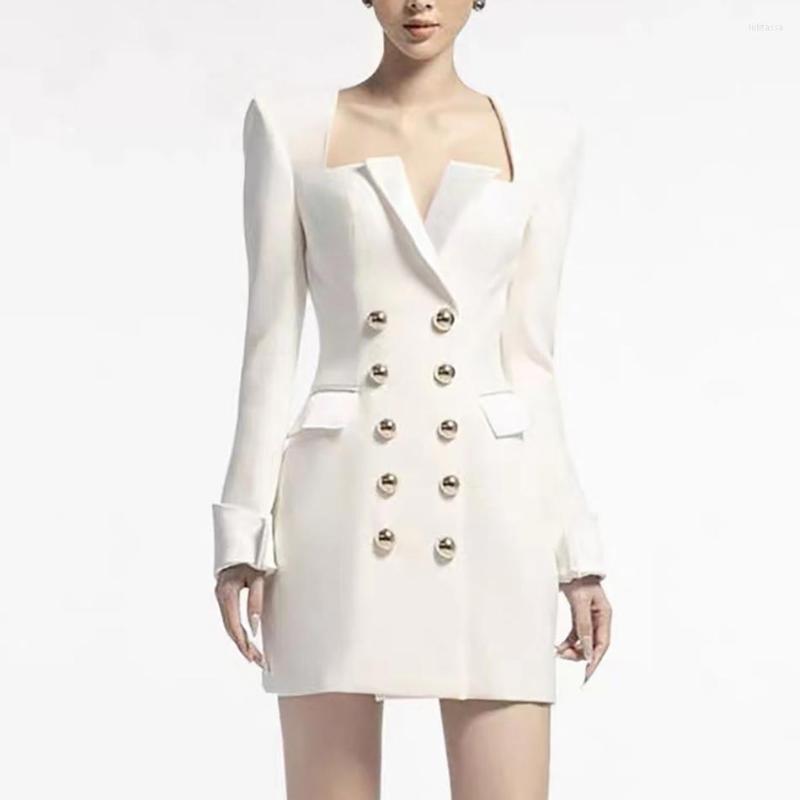 

Casual Dresses Double Breated Blazer Dress Designer Sexy U-shaped Square V-neck Long-sleeved Solid Color Bodycon Office Business Apparel, Black