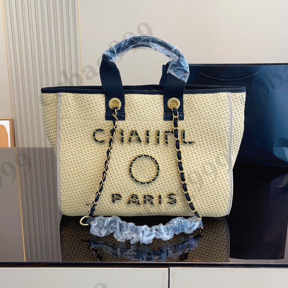 

Designer Holiday Beach Shopping Totes Bags Soft Straw Large Capacity Handbags Metal Woven Chain Badge Letter Womens Outdoor Top Handle Crossbody Wallets 37x12x30C, Khaki