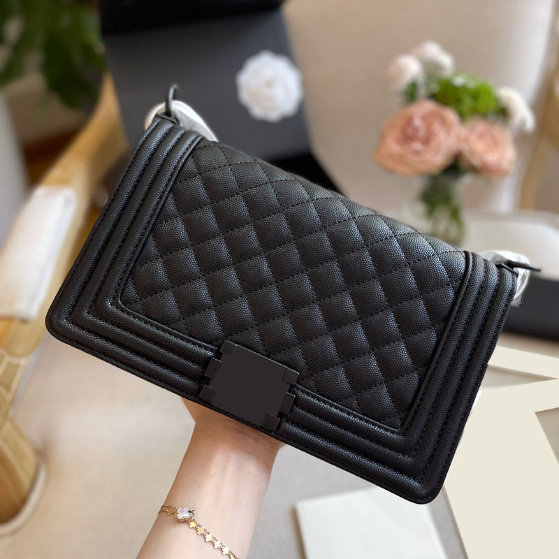

Womens Caviar Leather Boy Flap Bags Purse Classic Quilted Plaid Full Black Hardware Chain Shoulder Crossbody Sacoche Pocket Luxury Designer Wallet 25cm, Box