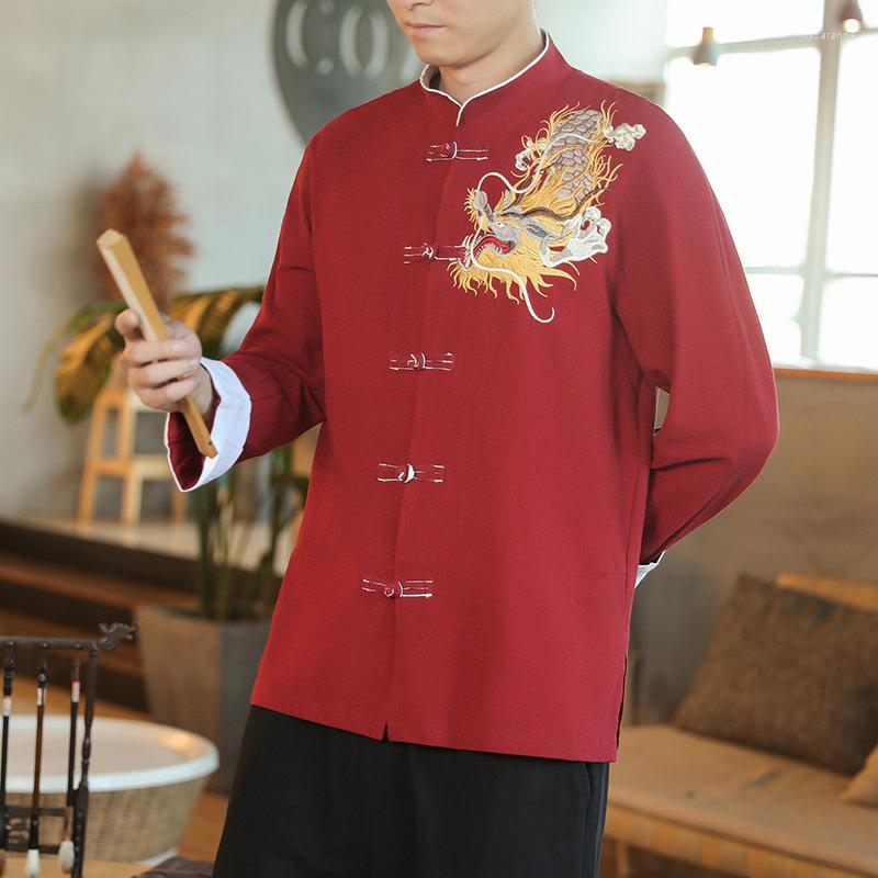 

Ethnic Clothing Chinese Dragon Hanfu Shirt Retro Embroidery Tang Suit Mandarin Collar Cheongsam Top Traditional For Men