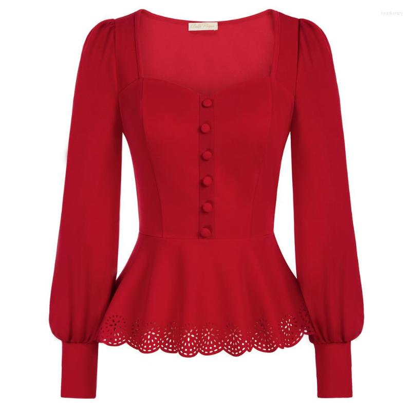 

Women' Blouses BP Women Vintage Burn-Out Hem Tops Long Lantern Sleeve Blouse Square Neck Peplum Patchwork Lace Sweetheart Shirts, Red