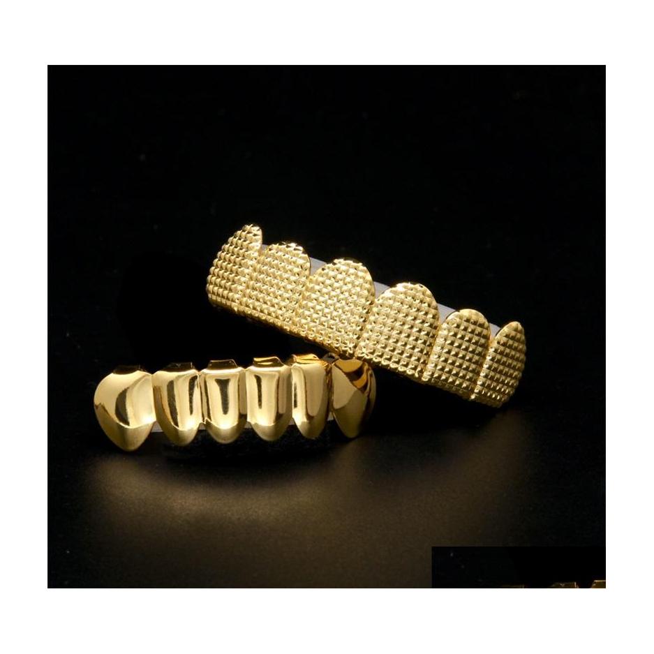 

Grillz Dental Grills Real Shiny 14K Gold Plated Top Bottom Bar Hip Hop 2 Row Mouth Upper Lower Teeth Drop Delivery Jewelry Body Dhhgn