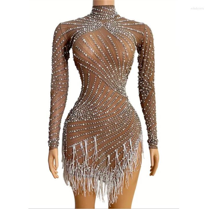 

Casual Dresses Shining Pearl Rhinestones Transparent Fringes Mini Dress Birthday Celebrate Evening Prom Outfit Women Bar Nightclub, Auburn