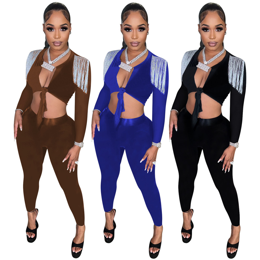 

Designer Two Piece Sets Women Tracksuits Spring Autumn Outfits Long Sleeve Bandage Tassels Crop Top and Pants Matching Sets Solid Sportswear Sexy Club Wear 8220, Brown