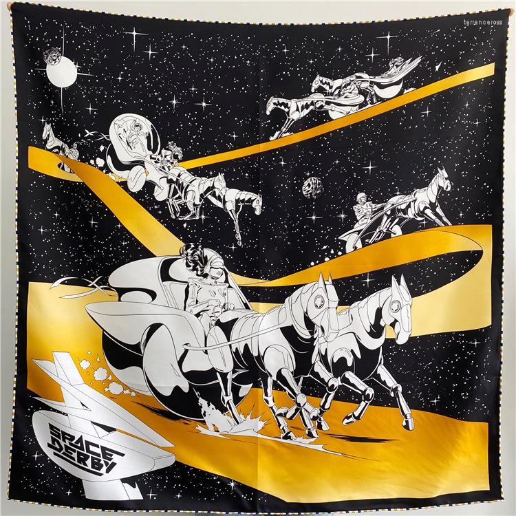 

Scarves Mulberry Silk Scarf 90 90cm Square Twill Luxury Head Scarfs For Women Space Horse Hand-rolled Edges Bandana