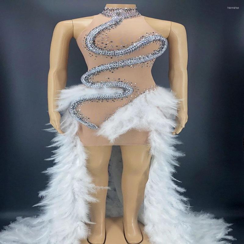 

Stage Wear Crystal White Feather Evening Long Dress Celebrate Transparent Prom Nightclub Singer Dancer Performance Role Costume, Beige