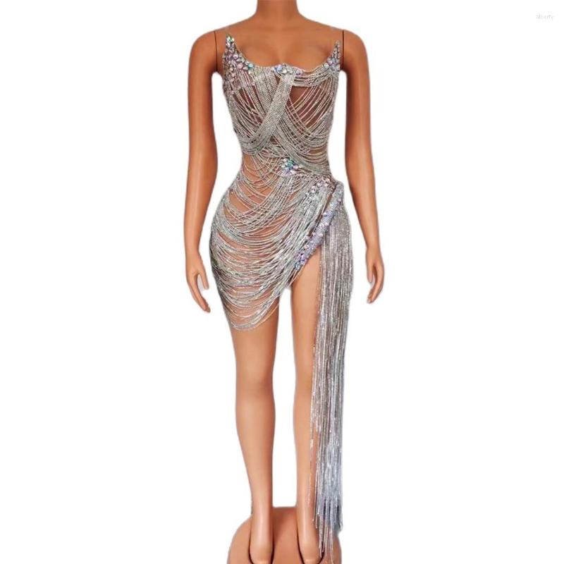 

Stage Wear Sparkly Rhinestones Chains Crystals Dress Women Celebrate Birthday Evening Prom Outfit Sexy See Through Show, Beige