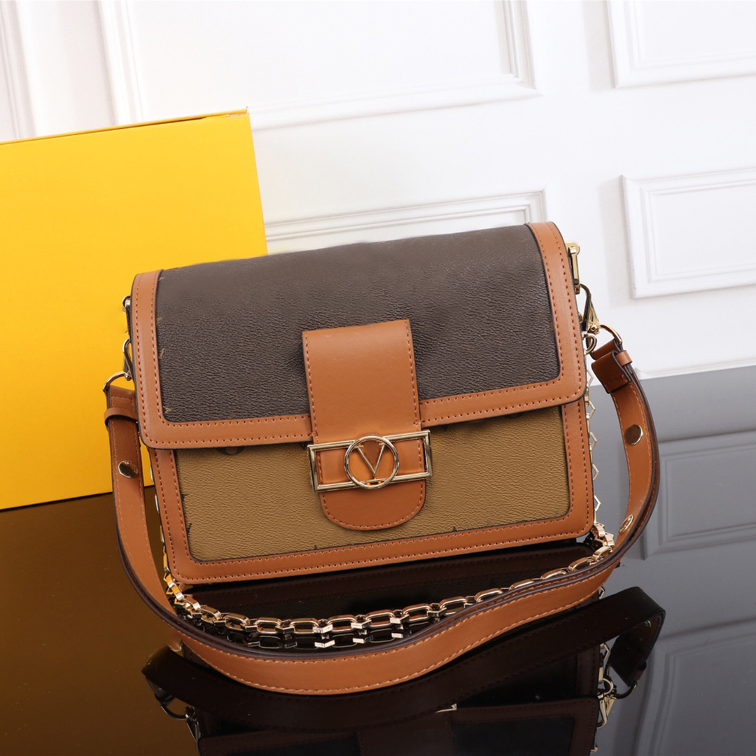 

7A Designer Bags Luxury Genuine Leather Cowhide Women Purse Hardware Chain Logo Messenger Handbags, Brown