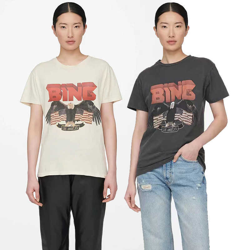 

Anine Bing 2023ss Niche Eagle Vintage Tee Designer Flag Print Stir-fried Washing t Shirt Women Cotton Short-sleeved T-shirt Summer Tops Polo, Apricot