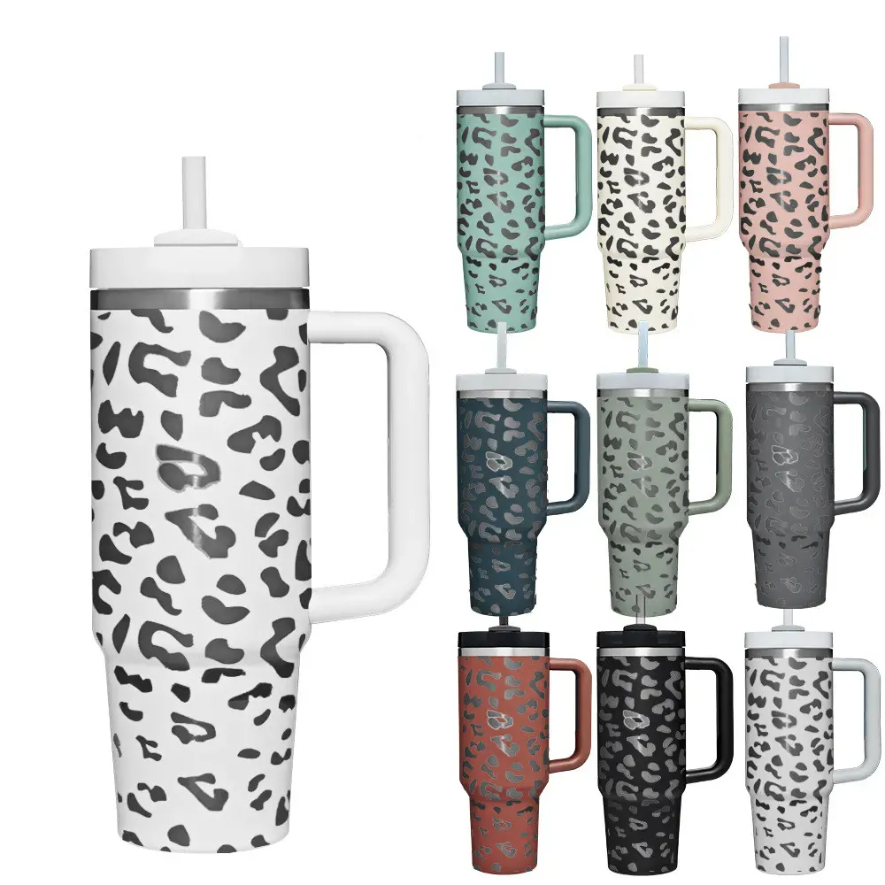 

40oz stainless steel tumbler with handle lid straw big capacity beer mug Leopard water bottle outdoor camping cup vacuum insulated drinking tumblers, White