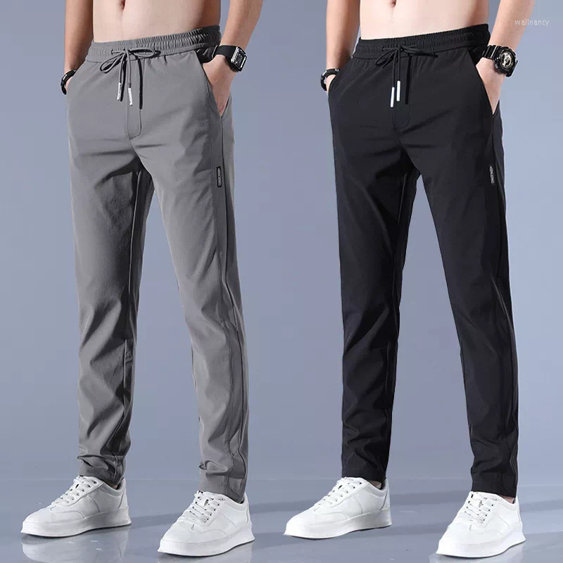 

Men's Pants IN Men's Ice Silk Trousers Solid Color Mid-Waist Loose Breathable Straight-Leg Casual Thin Quick-Drying Sports Pan