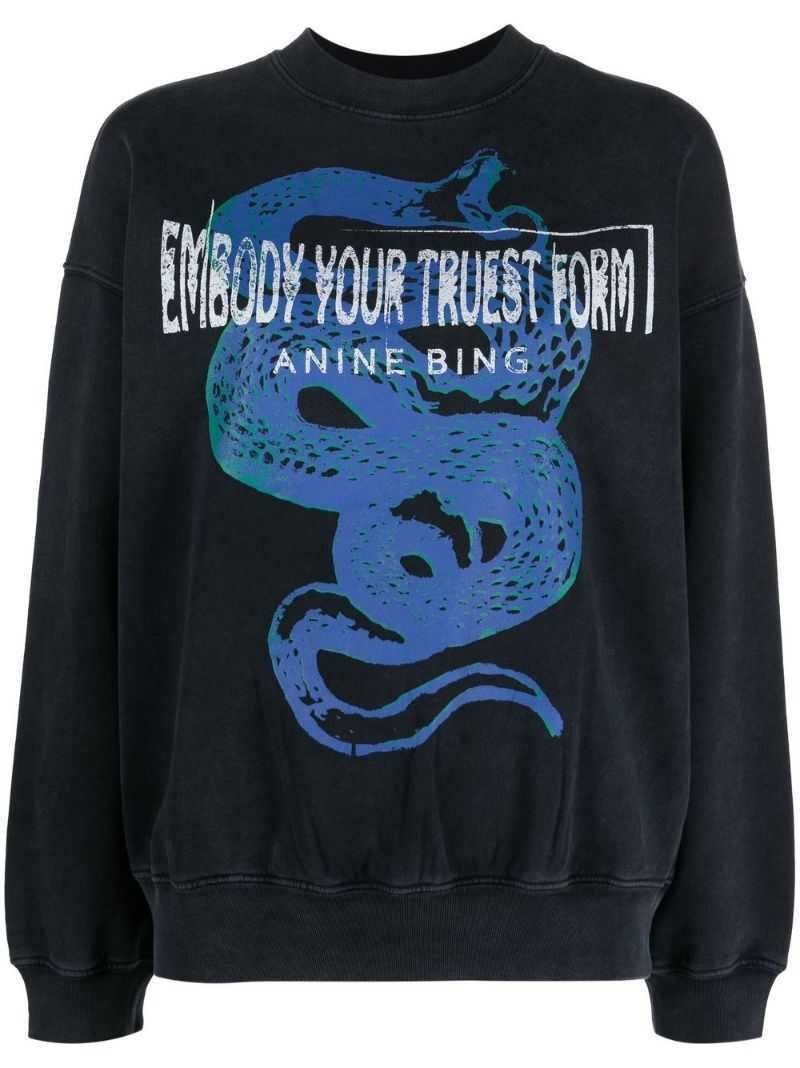 Anines & BING 23SS Cotton Fashion Sweatshirt Blue Snake Letter Print Washing Water Stir-frying Sweater Snowflake Color Round Neck Sweaters Pullov-image-842364892