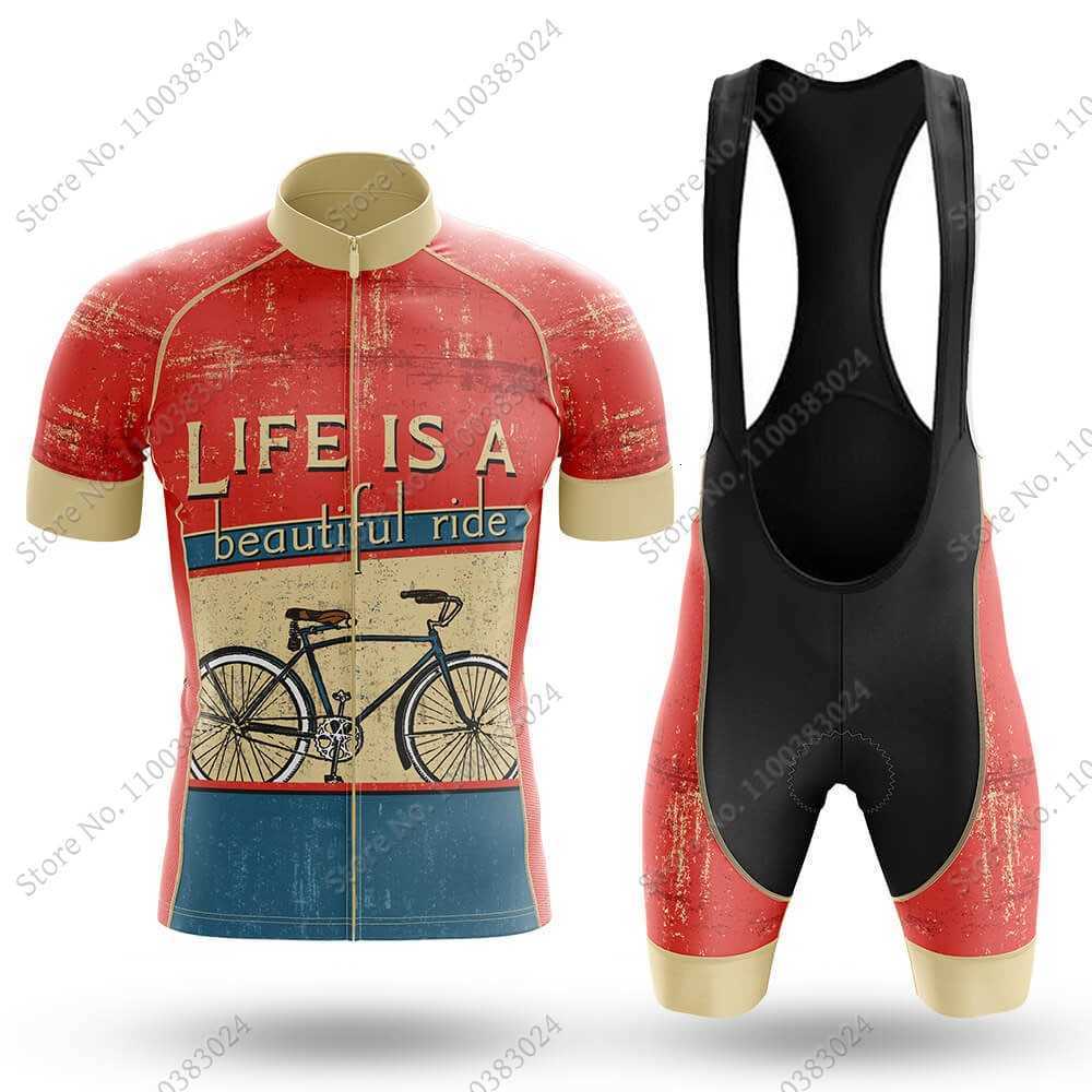 

2023 Men Retro Cycling Jersey Set Life Is A Beautiful Ride Bicycle Clothing Bike Shirts Suit Bicycle Bib Shorts MTB Ropa Maillot