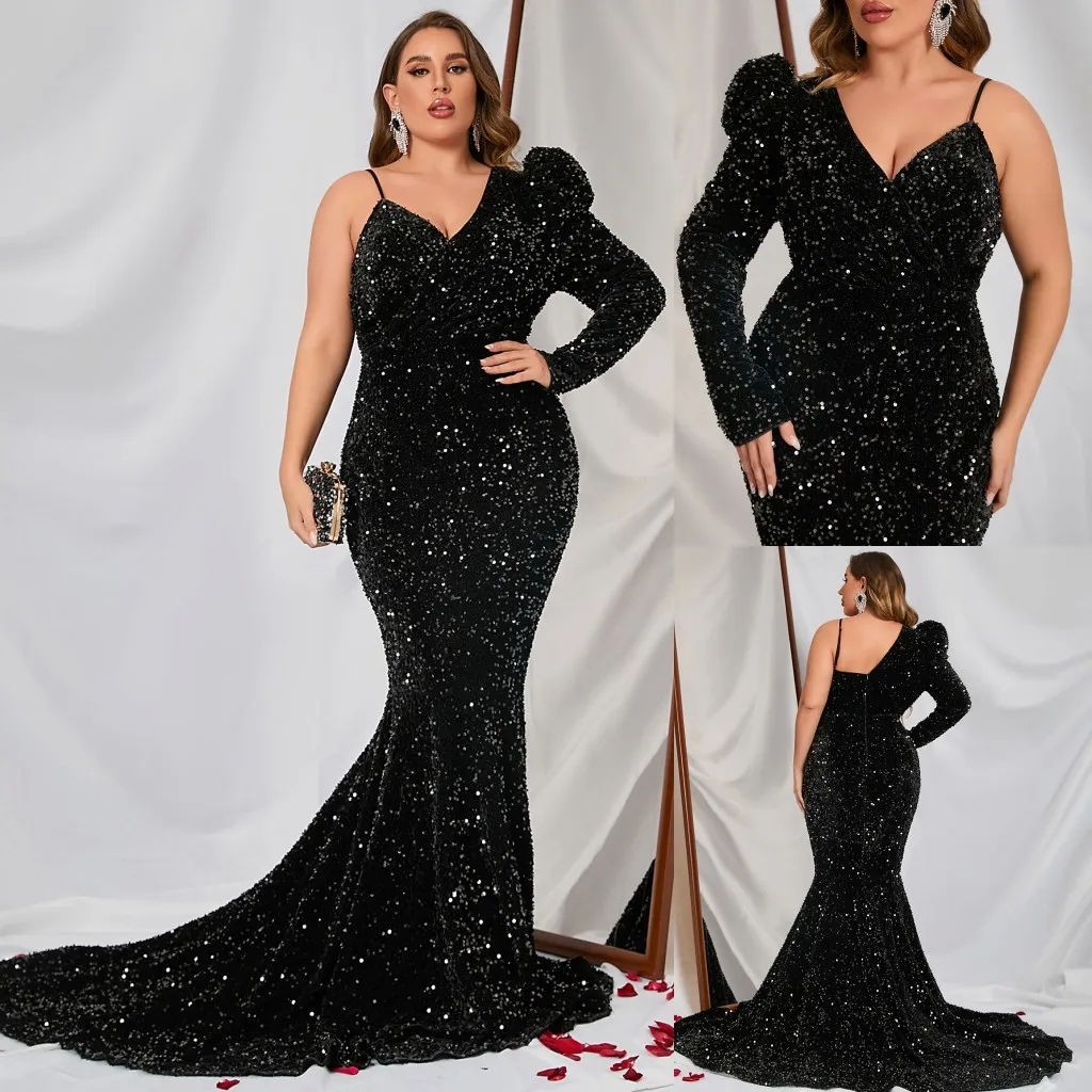 Black Sequined Plus Size Evening Dresses 2023 One Shoulder Neckline Prom Gowns Mermaid Long Sleeve Special Ocn Dress