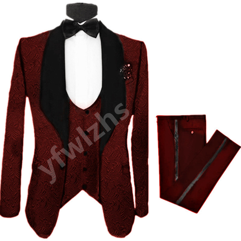 

Handsome Embossing Groomsmen Shawl Lapel Groom Tuxedos Mens Wedding Dress Man Jacket Blazer Prom Dinner suits Jacket Pants Tie Vest W1127, Same as image