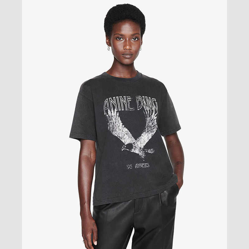 

Anine Bing Niche Eagle Print Shirt Fried Snowflake Color Washing Designer Tee Women Black Short-sleeved T-shirt Tops Polos, Dark gray