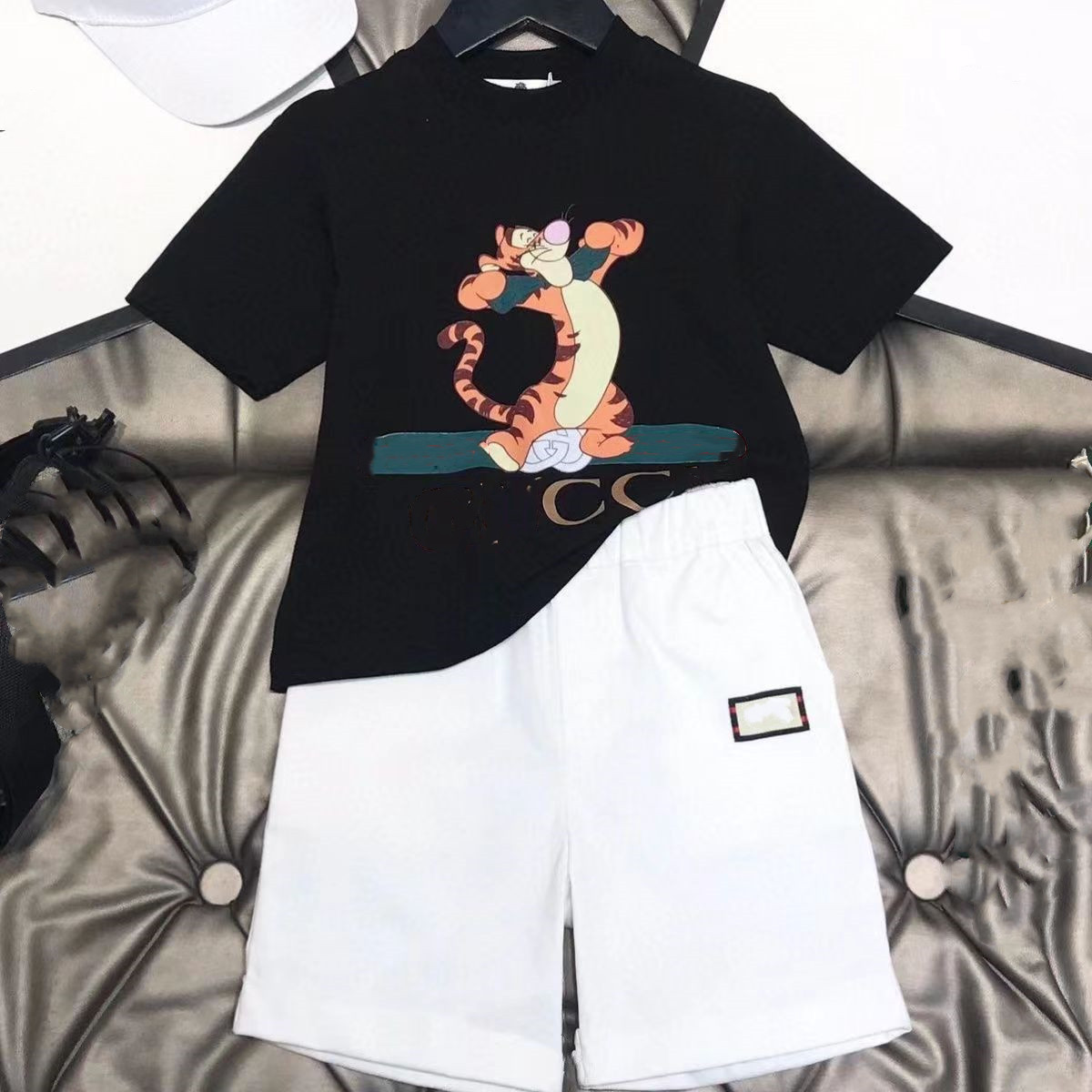 

Summer Clothing Sets Boys T-Shirt Cartoon Animal Print Designer Kids Clothes Girl Sports Two-piece Round Neck Short sleeve Pants 2-9 Years, White