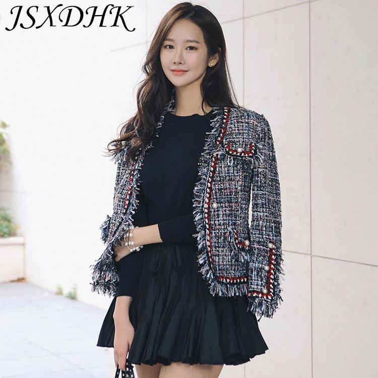 

Women' Jackets JSXDHK Runway High Quality Women Tassel Pearl Outerwear 2023 Autumn Winter Tweed Thick Weave Long Sleeve Female Jacket Coat, Black