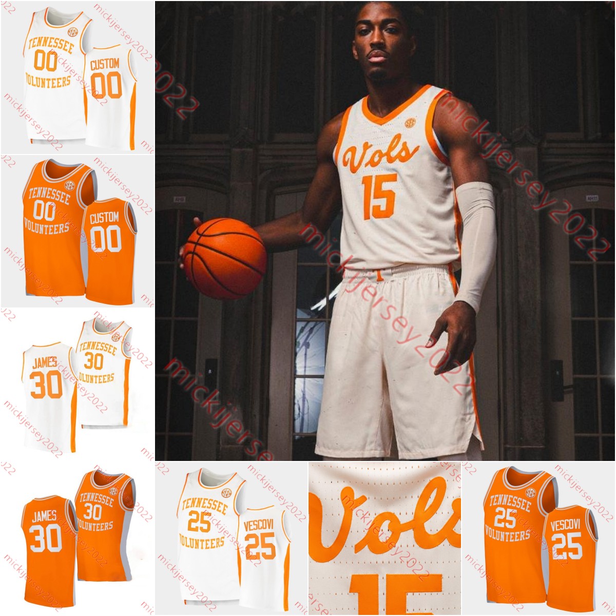 

College Basketball Wears Santiago Vescovi Tennessee Basketball Jersey Colin Coyne BJ. Edwards DJ. Jefferson Alec Kegler Uros Plavsic saiah Sulack Josiah-Jordon J, Orange