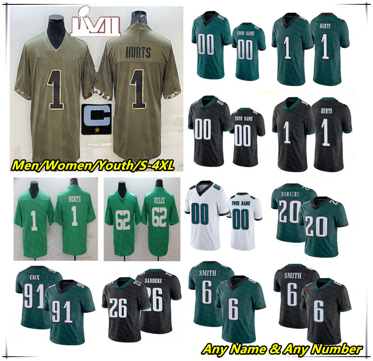 

Jalen Hurts Football Jerseys Miles Sanders Kenneth Gainwell AJ Brown Goedert DeVonta Smith Jason Kelce Fletcher Cox Haason Reddick Reed Blankenship Scott Goedert, Men green with superbowl patch