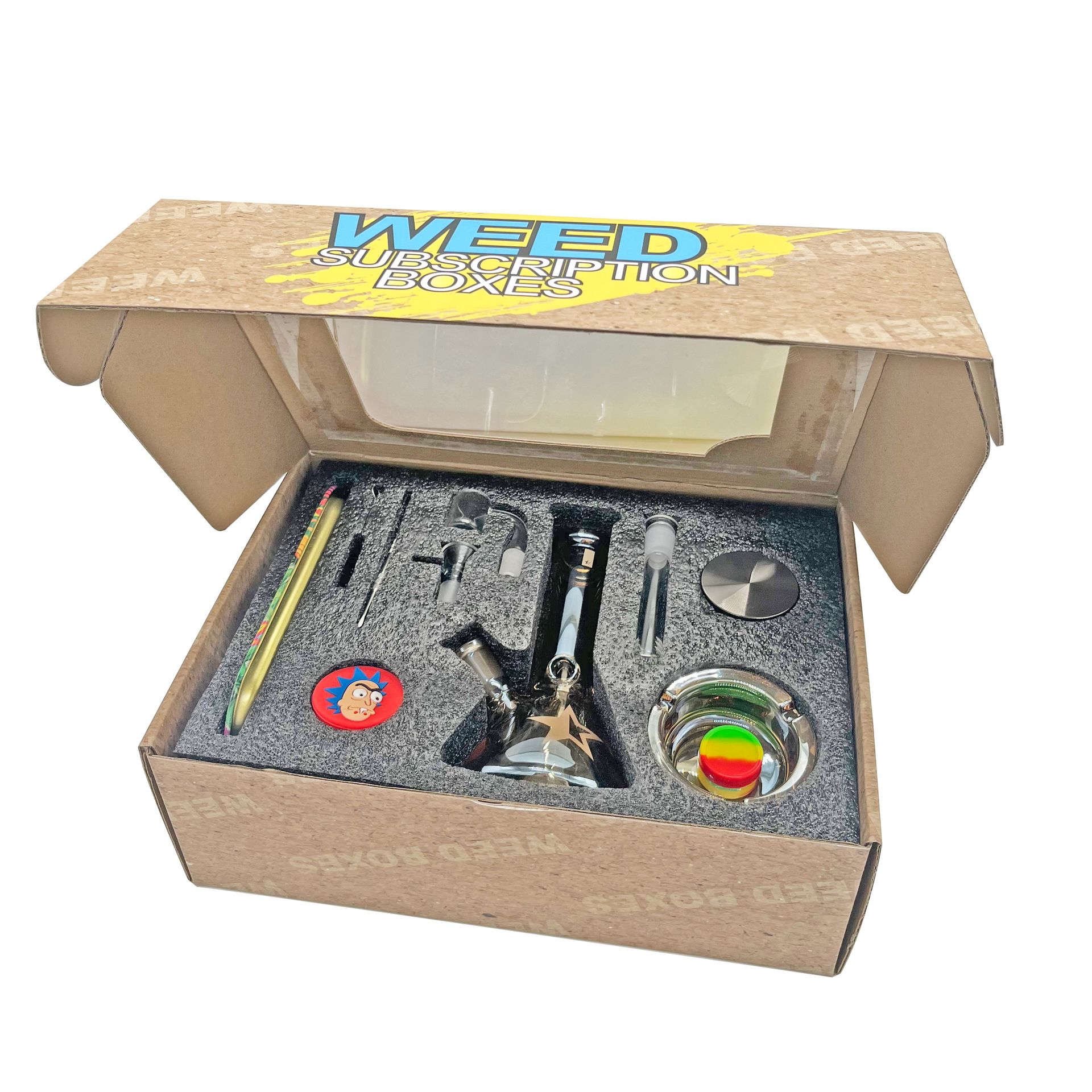 

Glass bong hookah kit thick water pipe with herb grinder Storage tank rolling tray ashtray quartz banger Total 11 pieces accessories bongs set