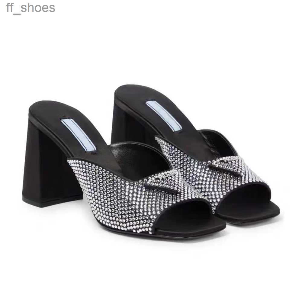 

2023 Slippers Mules Shoes Womens Slides High Heels Shoes Factory Footwear Rhinestone Real Silk Chunky Block Slip-on Open Toe Luxury Designers, Blue 9cm
