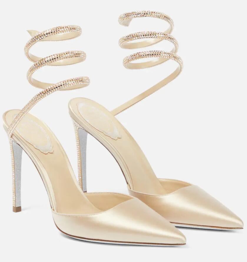 

Summer sandal bride Wedding party dress pump brand high heels Rene- c Cleo embellished satin pumps pointy toe sling sandals rhinestone ankle strap pump, #01