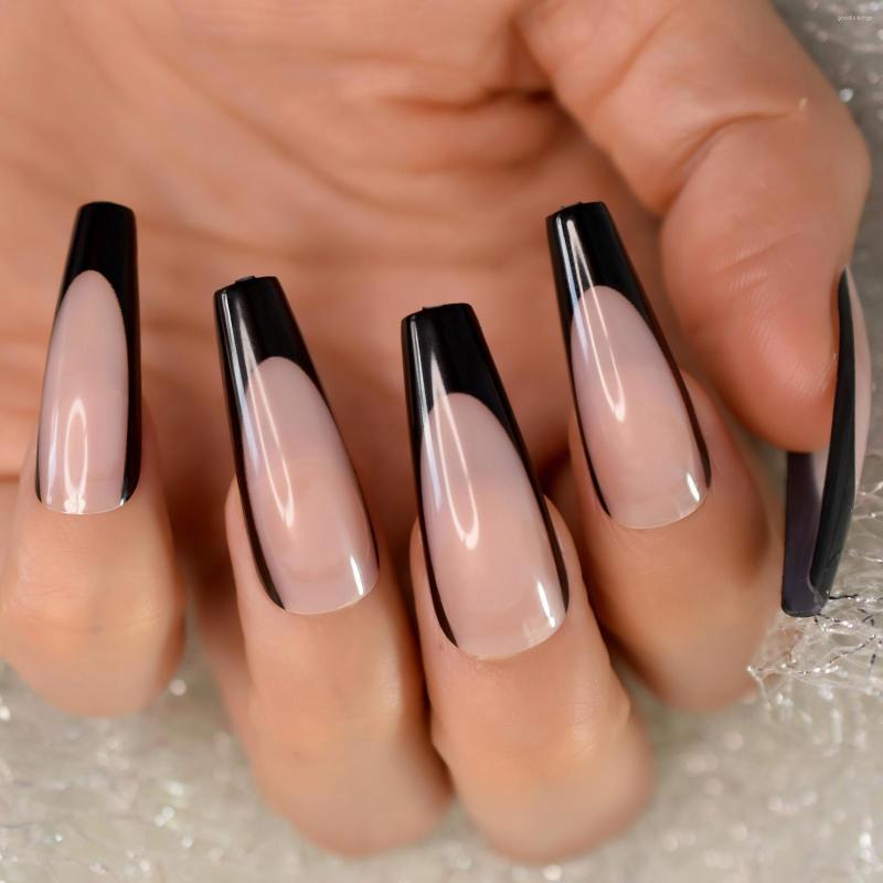 

False Nails Coffin Black Edge Press On Fake Acrylic Medium Long With Design Fingernails Art Wholesale For 24 Pcs, L5744