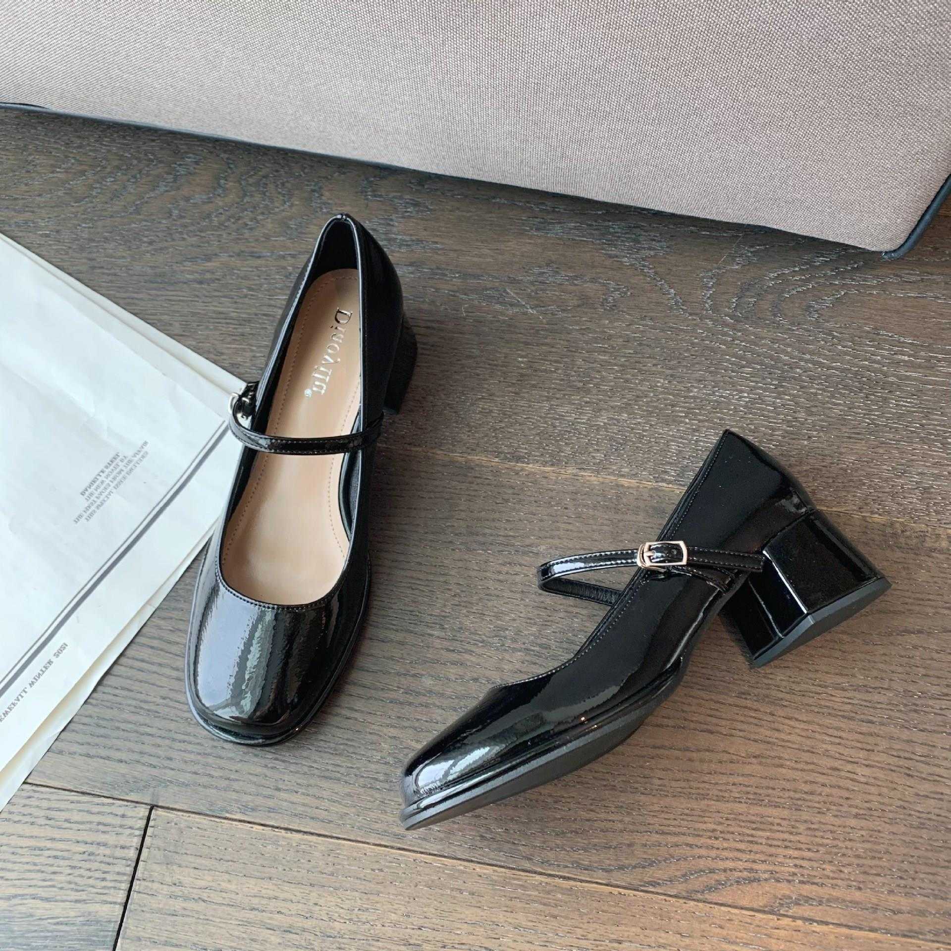 

New French one-button Mary Jane women's shoes high heels fairy style thick heels black women's shoes