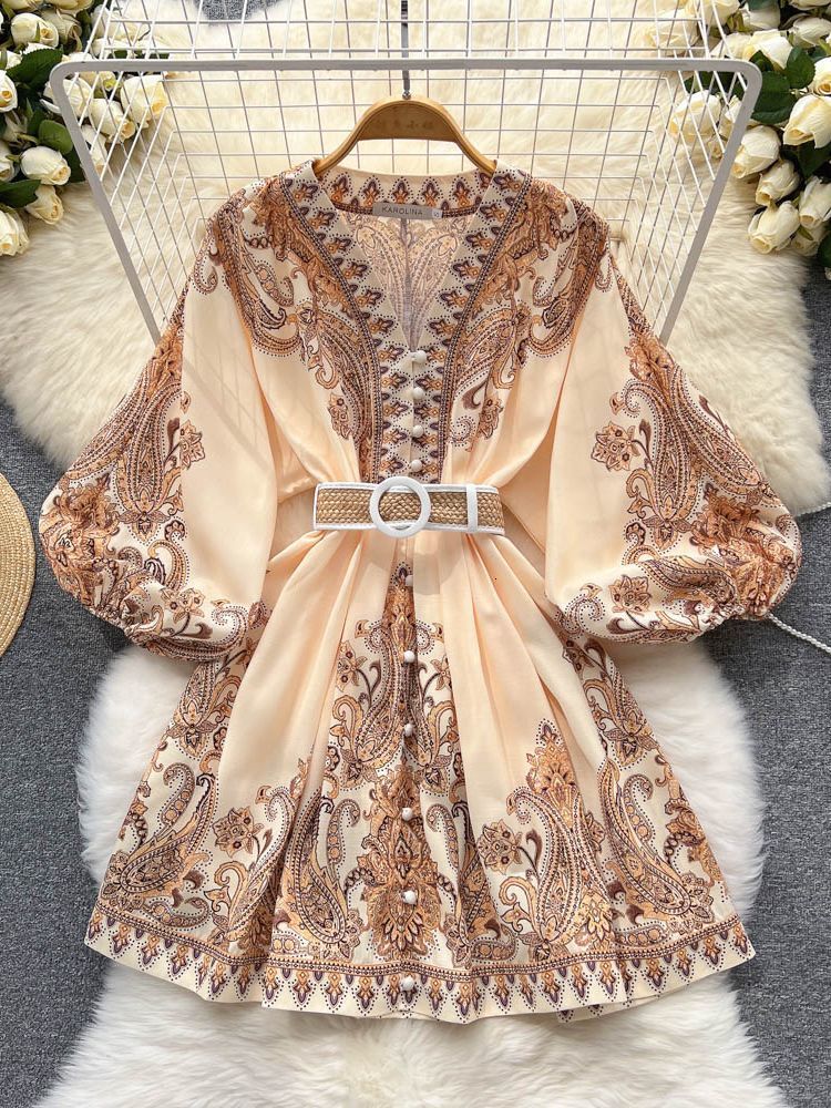 

Casual Dresses AELEWELL Women Spring Runway Fashion Paisley Print Vintage V Neck Long Lantern Sleeve Belted Mini 230130, Apricot