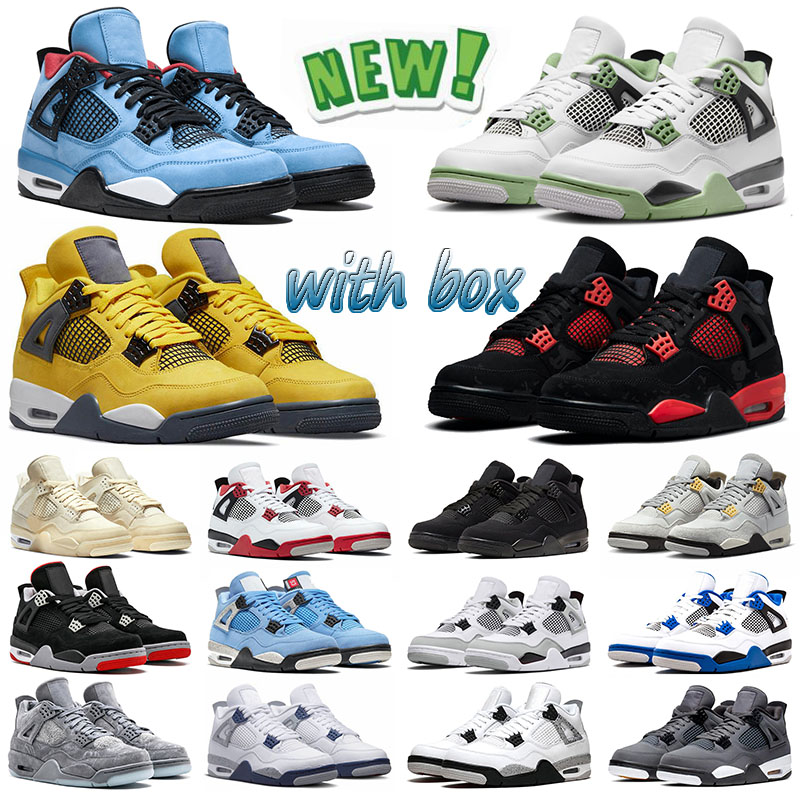 

With Box 4 Basketball Shoes Men Trainers Jumpman 4s Sports Photon Dust Tour Yellow Pure Money Military Black Seafoam Doernbecher Fire Red Black Cat Bred Size US 13, 40-47 neon