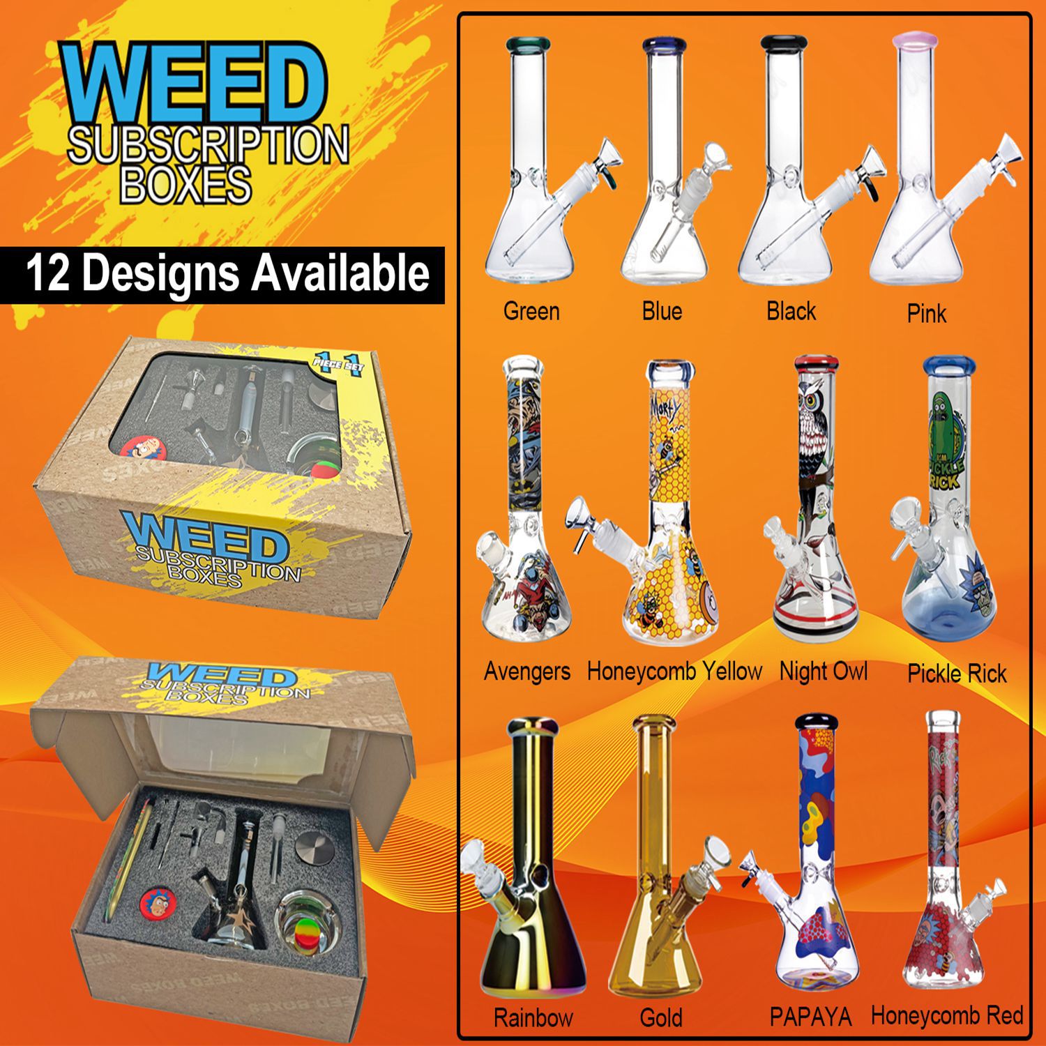 

Glass bong hookah kit thick water pipe with herb grinder Storage tank rolling tray ashtray quartz banger Total 11 pieces accessories bongs set