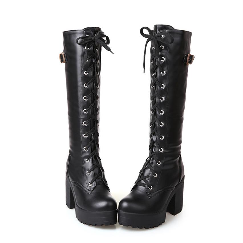 

Gothic Square Chunky Block High Heels Riding Boots Women Lace Up Thick Platform Rock Punk Cosplay Knee High Boots Shoes272T, Black