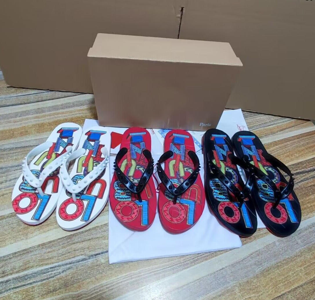 

Reds sole slipper flip-flop Women Men's Flip Flat spikes slipper flats sandal outdoor beach slide shoes Flips Donnas spiked rubber 3D Print flip-flops with box